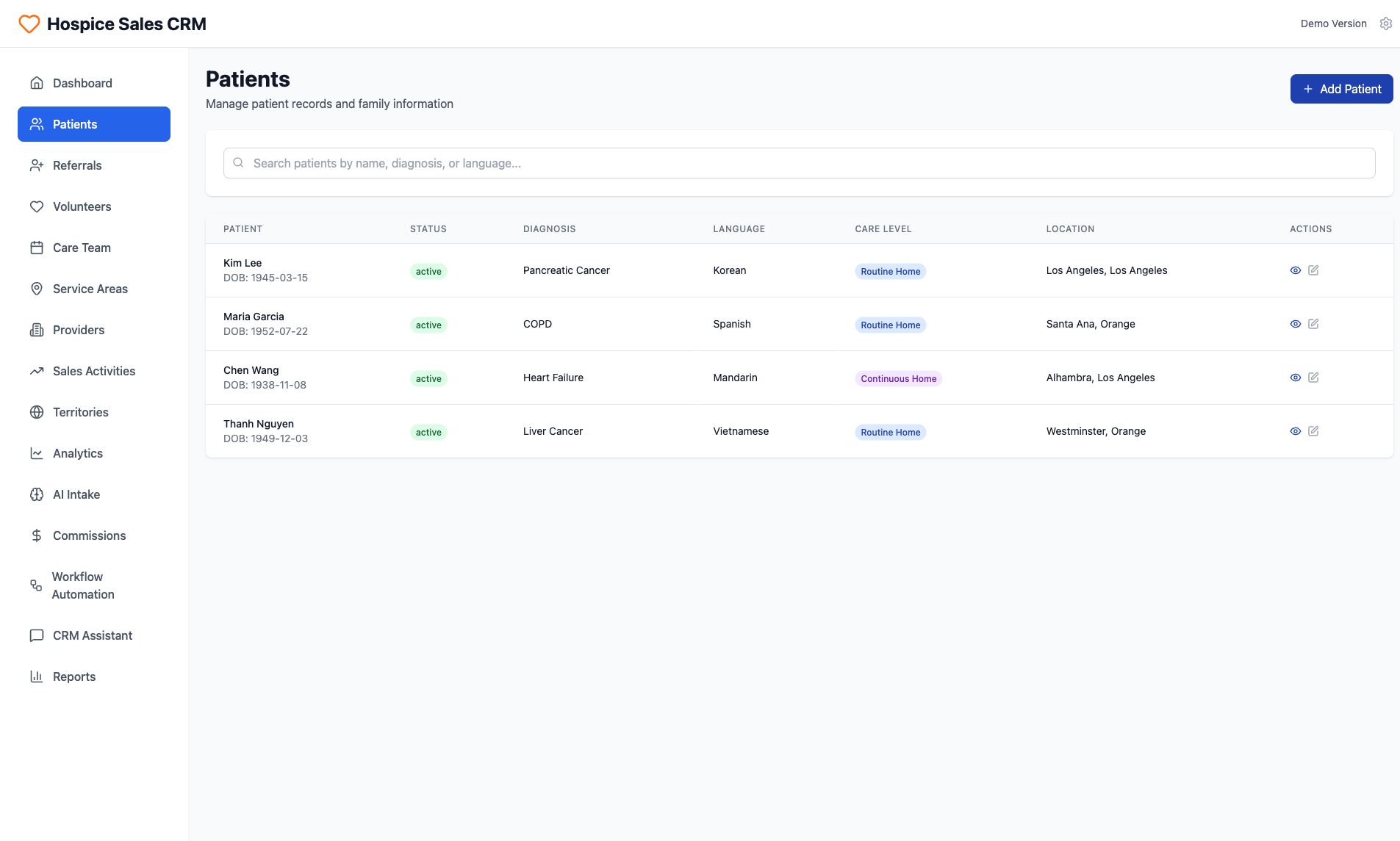 Hospice Sales CRM Patients Data Management Interface