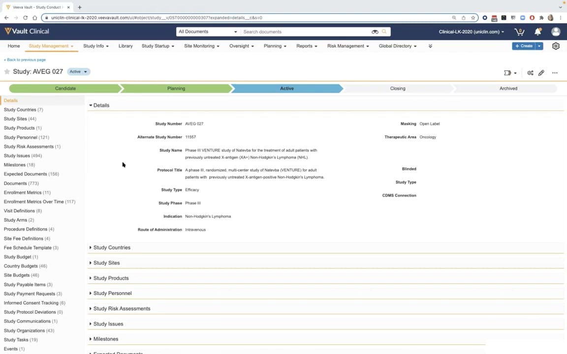 Veeva Vault CTMS Study Record Lifecycle interface screenshot