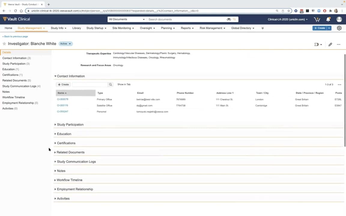 Veeva Vault CTMS Investigator and Contact Management interface screenshot