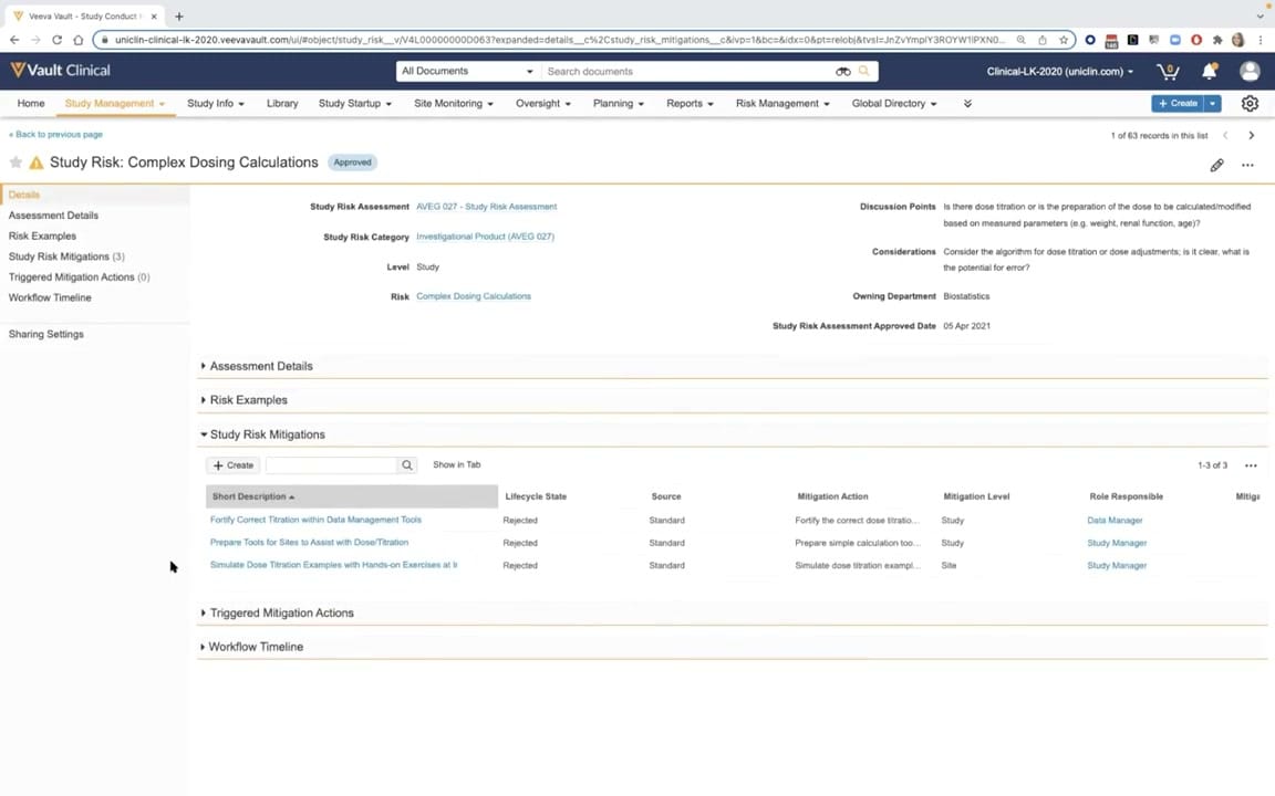 Veeva Vault CTMS Risk Scoring Criteria interface screenshot