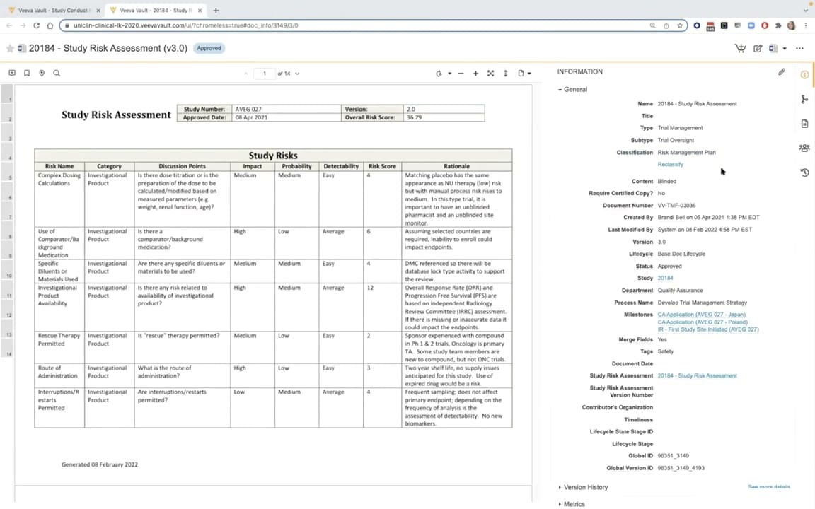 Veeva Vault CTMS Generated Risk Document interface screenshot