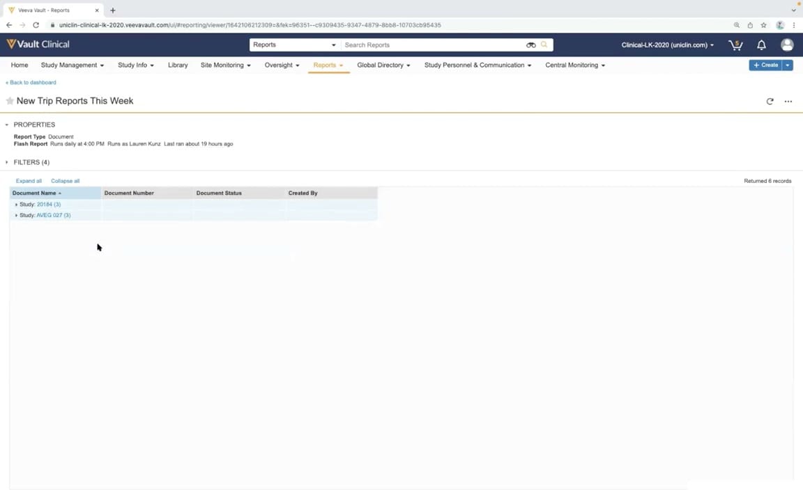 Veeva Vault CTMS Monitoring Trip Reports interface screenshot