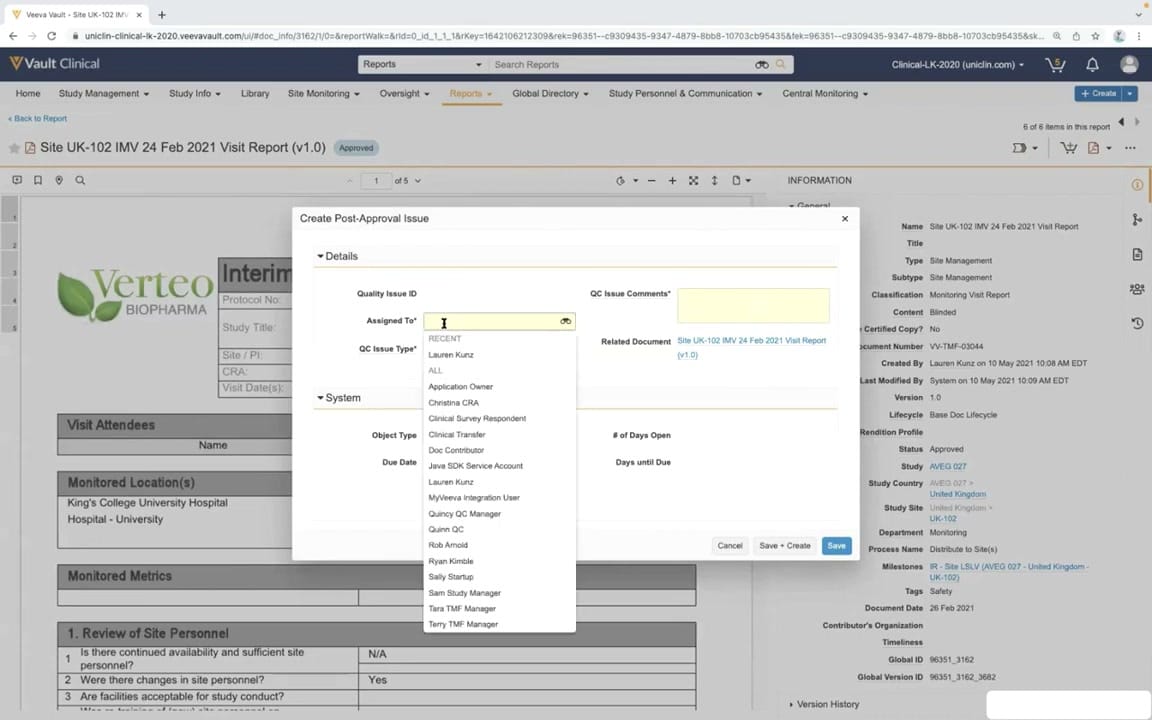 Veeva Vault CTMS Portal Approval and Document Review interface screenshot