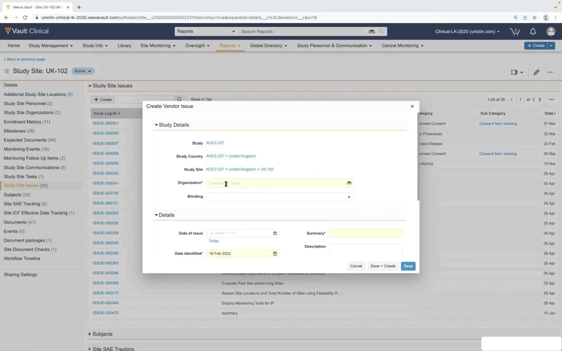 Veeva Vault CTMS Vendor Issue Creation interface screenshot