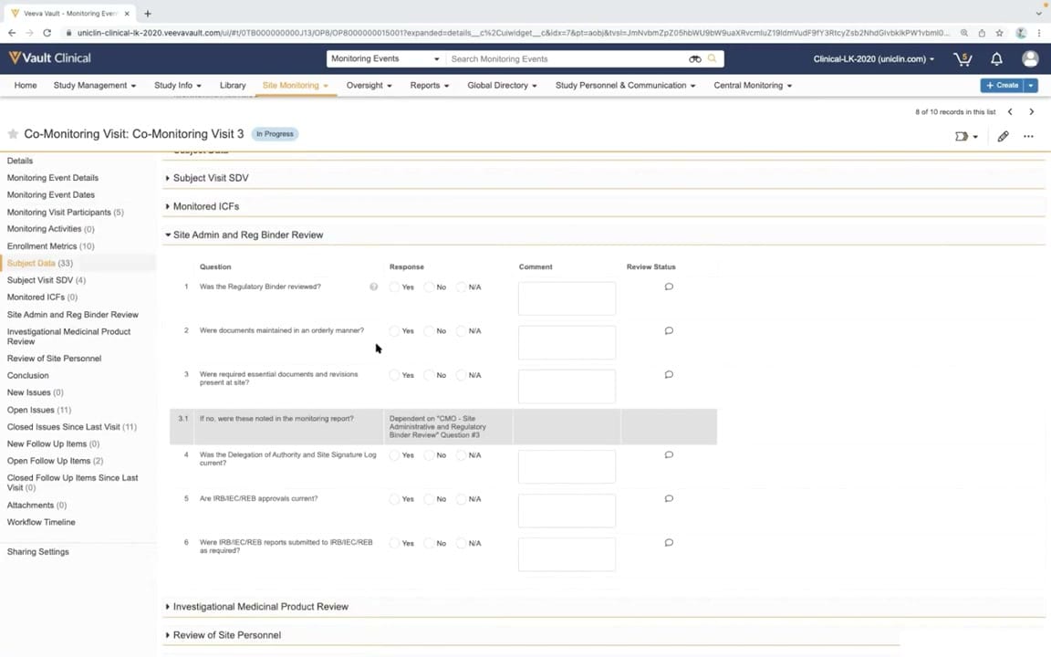 Veeva Vault CTMS Monitoring Visit Authoring interface screenshot