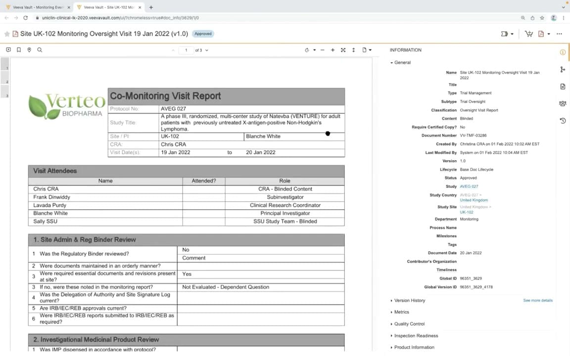 Veeva Vault CTMS Monitoring Report Preview interface screenshot