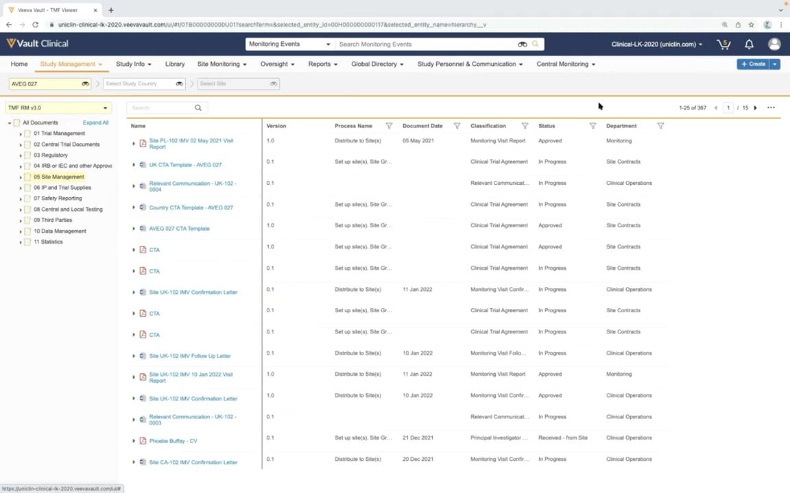 Veeva Vault CTMS Study Performance and Quality interface screenshot