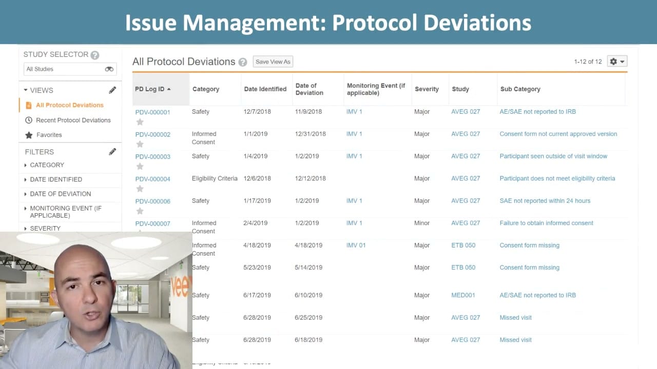 Veeva Vault CTMS Protocol Deviations interface screenshot