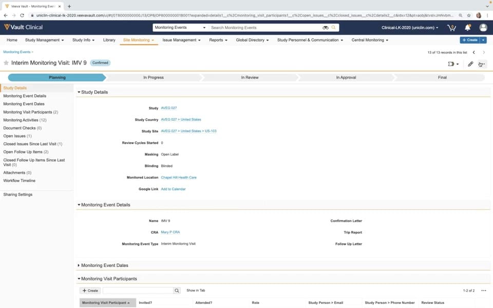 Veeva Vault CTMS Study Site Record interface screenshot