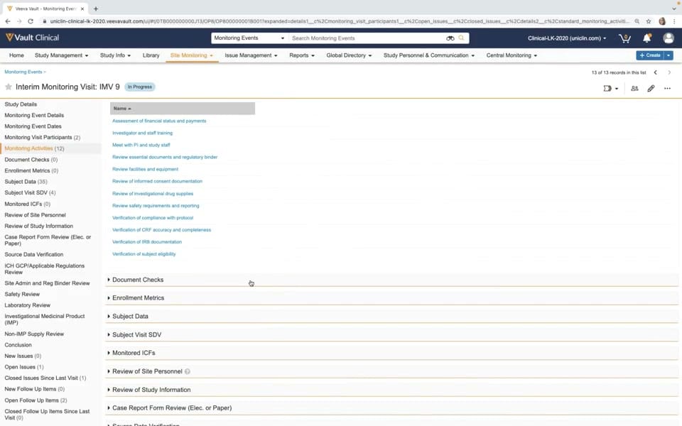 Veeva Vault CTMS Monitoring Events interface screenshot