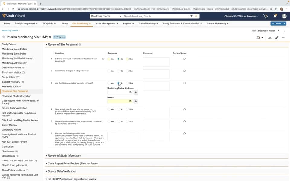 Veeva Vault CTMS Monitoring Event Details interface screenshot