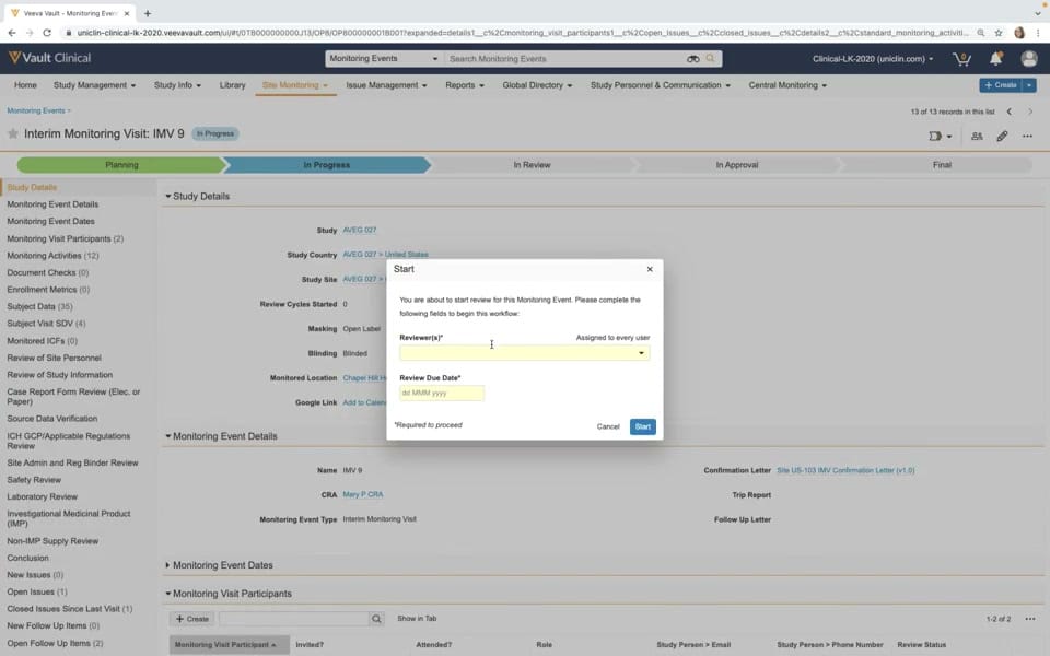 Veeva Vault CTMS Submit for Review interface screenshot