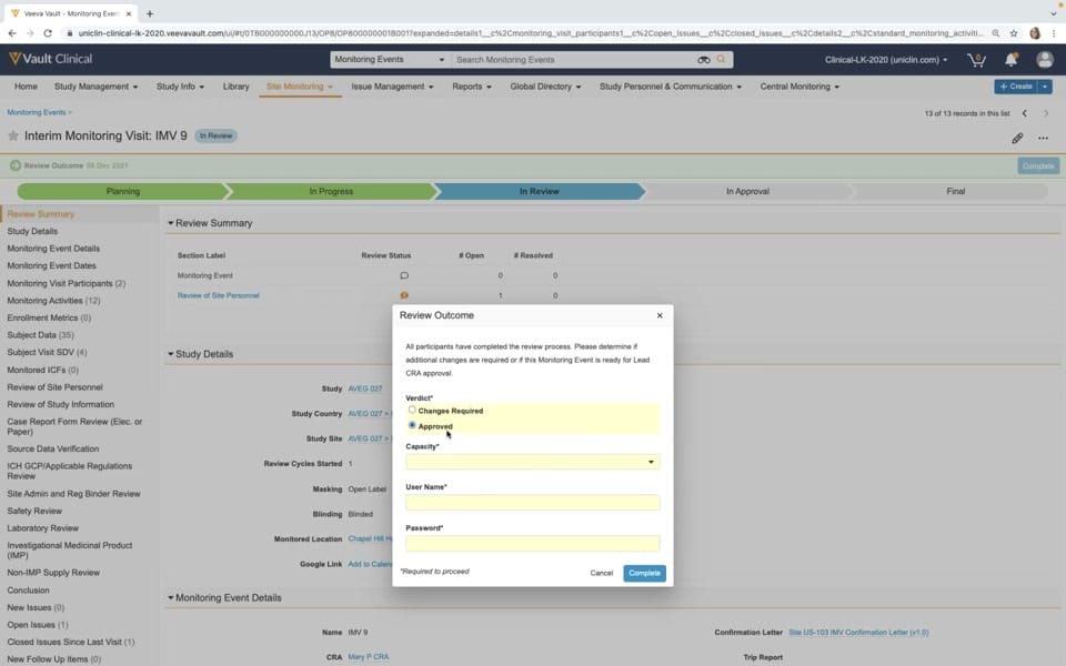 Veeva Vault CTMS Monitoring Report Sign-off interface screenshot