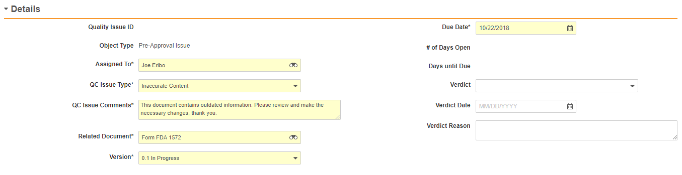 Veeva Vault eTMF Create Quality Issue interface screenshot