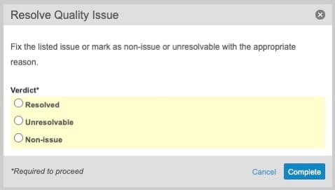 Veeva Vault eTMF Resolve Quality Issue interface screenshot
