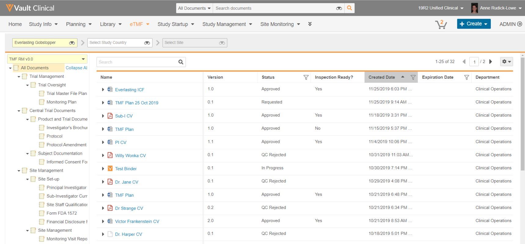 Veeva Vault eTMF TMF Hierarchy and Documents interface screenshot