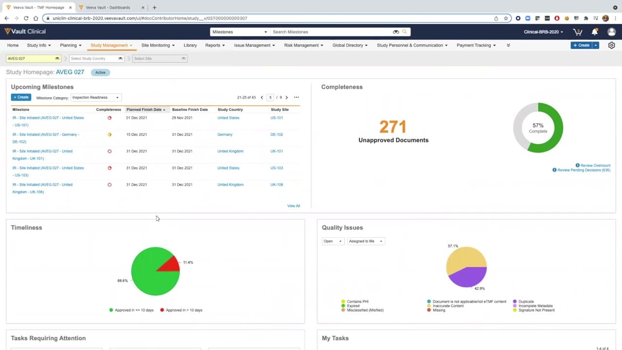 Veeva Vault eTMF TMF Completeness Homepage interface screenshot