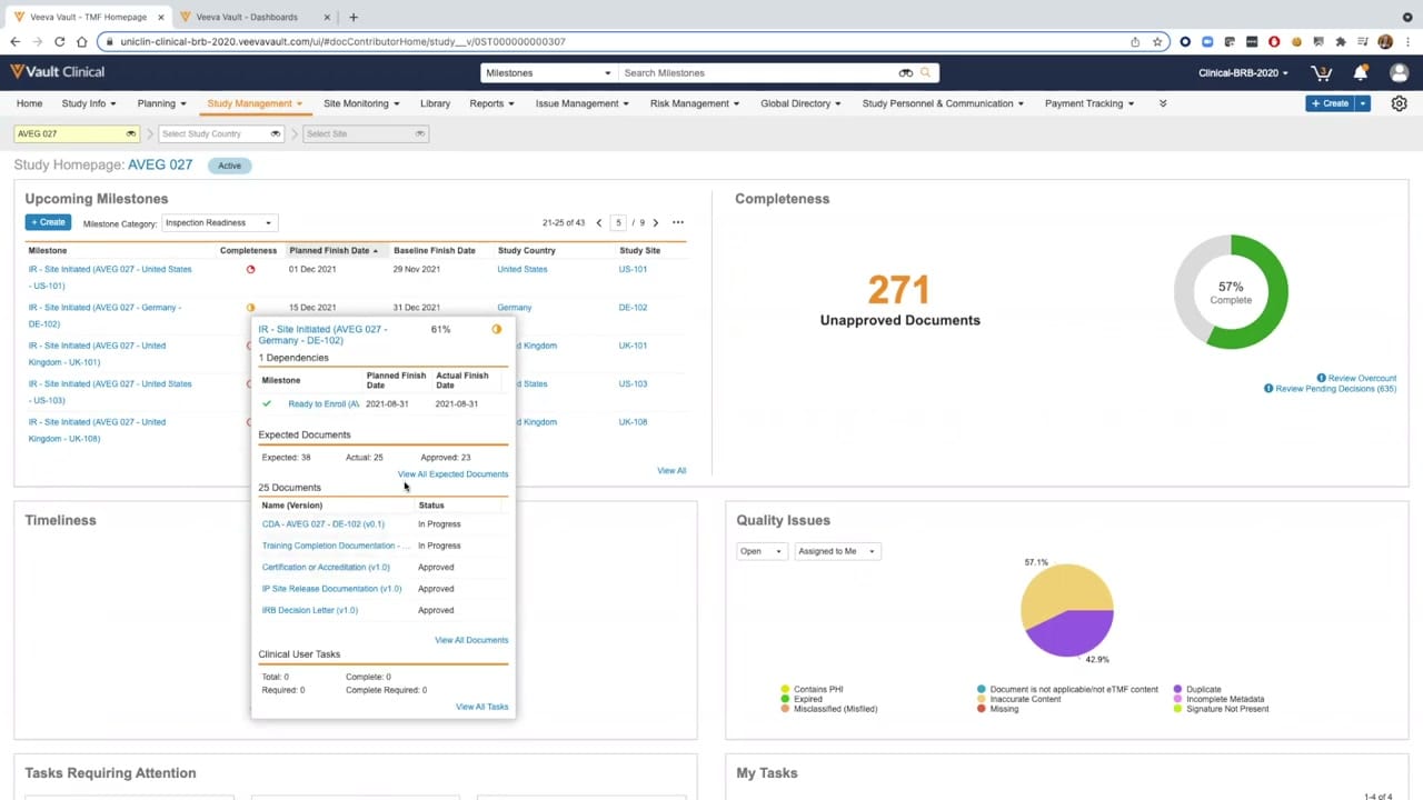Veeva Vault eTMF Study, Country, and Site Filtering interface screenshot