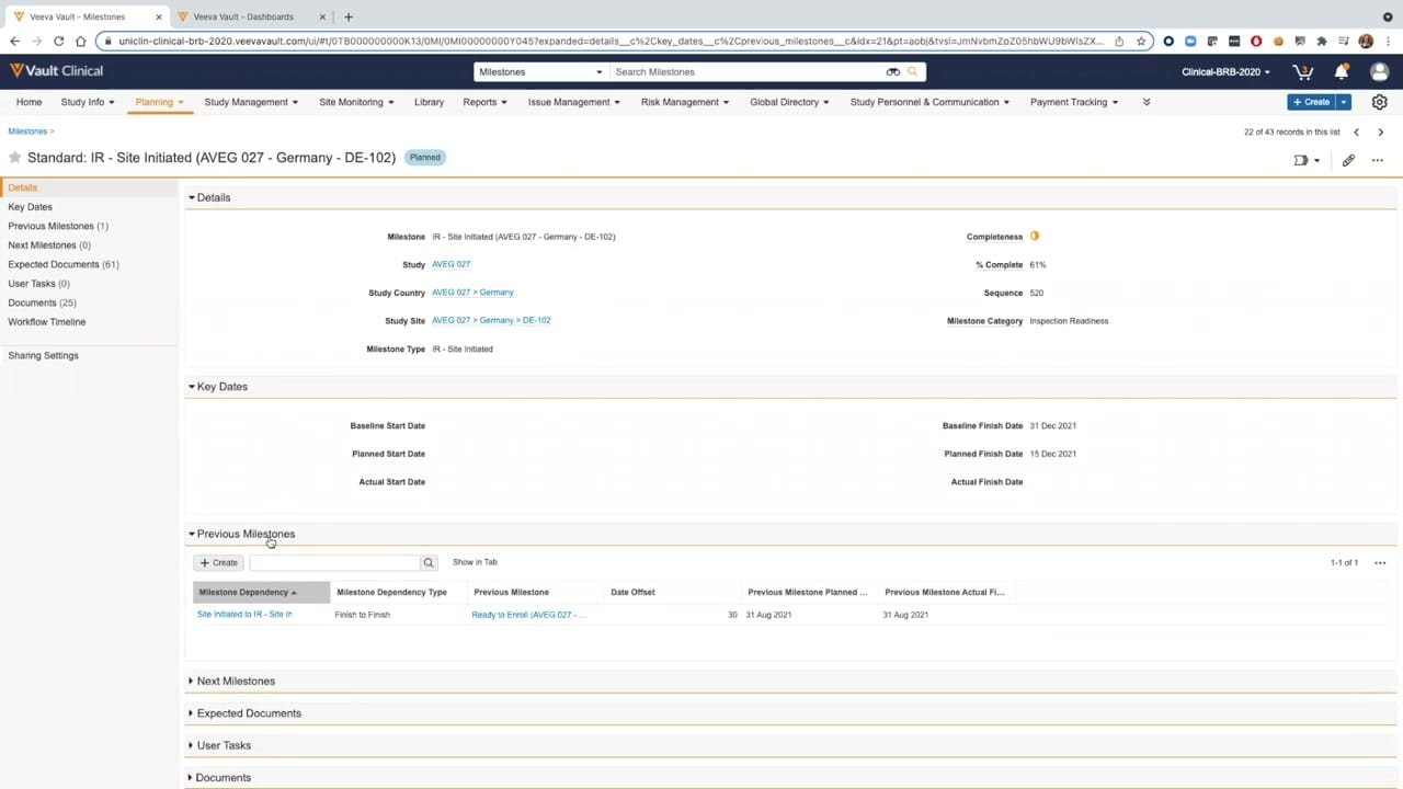 Veeva Vault eTMF Expected Document List interface screenshot