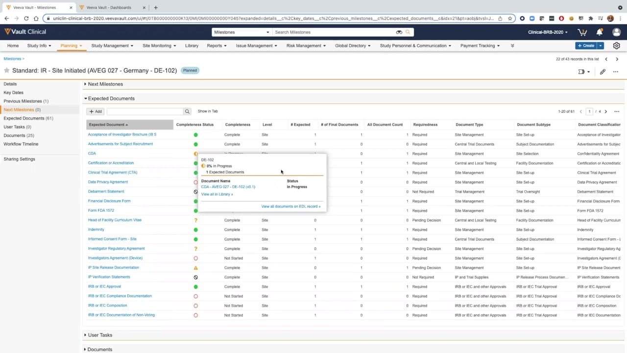Veeva Vault eTMF EDL Status and Document Counts interface screenshot