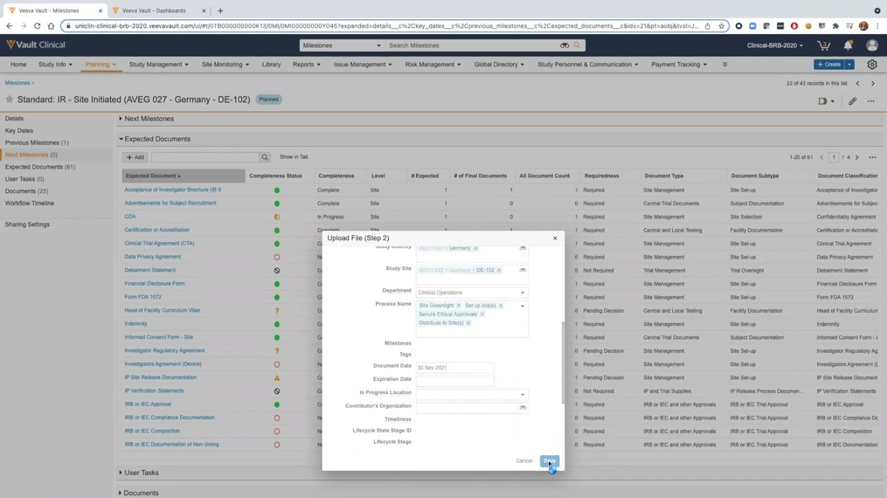 Veeva Vault eTMF Document Action interface screenshot