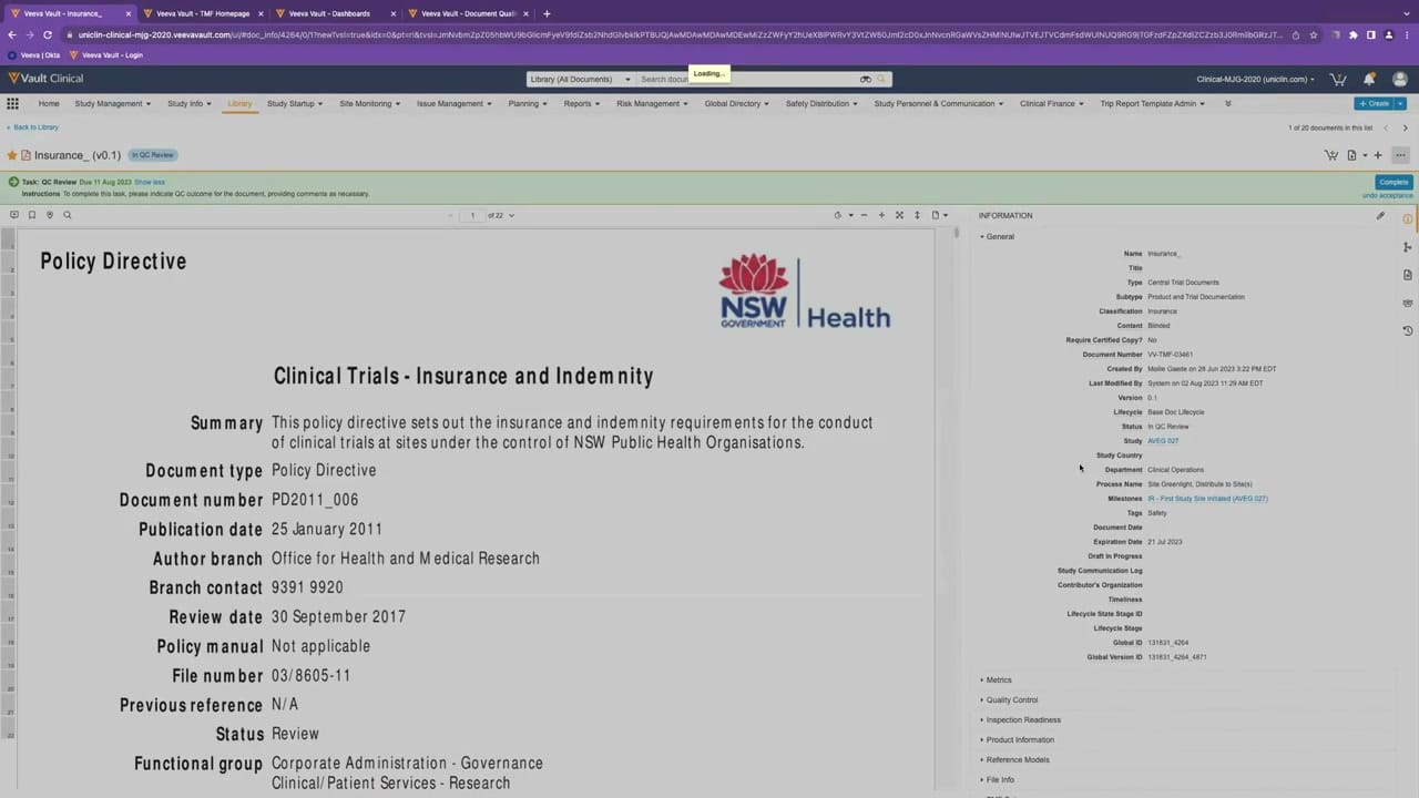 Veeva Vault eTMF Document Details interface screenshot