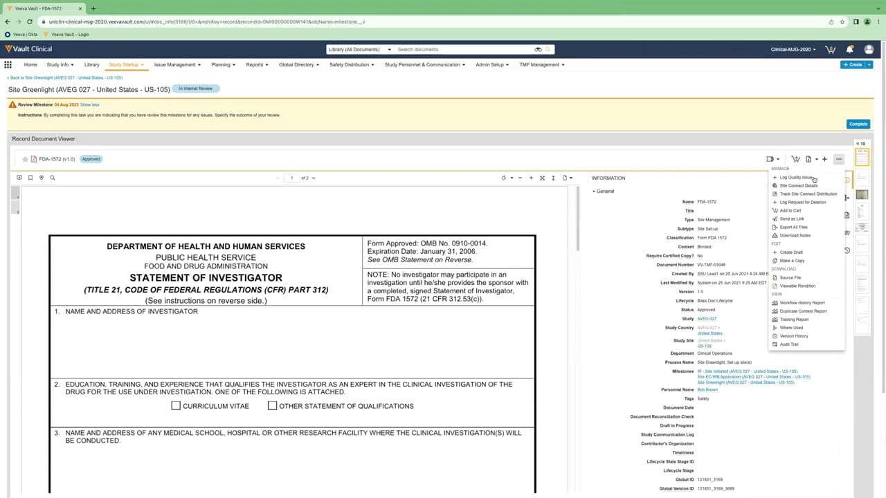 Veeva Vault eTMF Content and Metadata Review interface screenshot