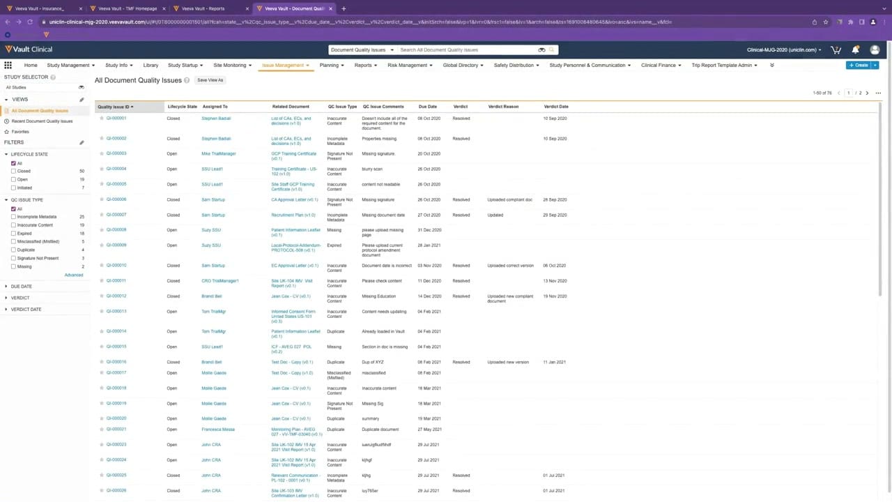 Veeva Vault eTMF Quality Issue Queue interface screenshot