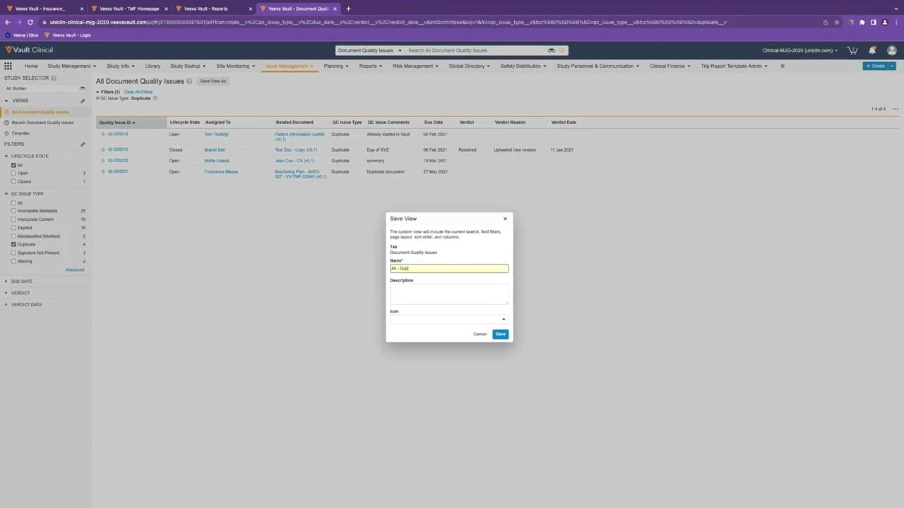 Veeva Vault eTMF Issue Resolution interface screenshot