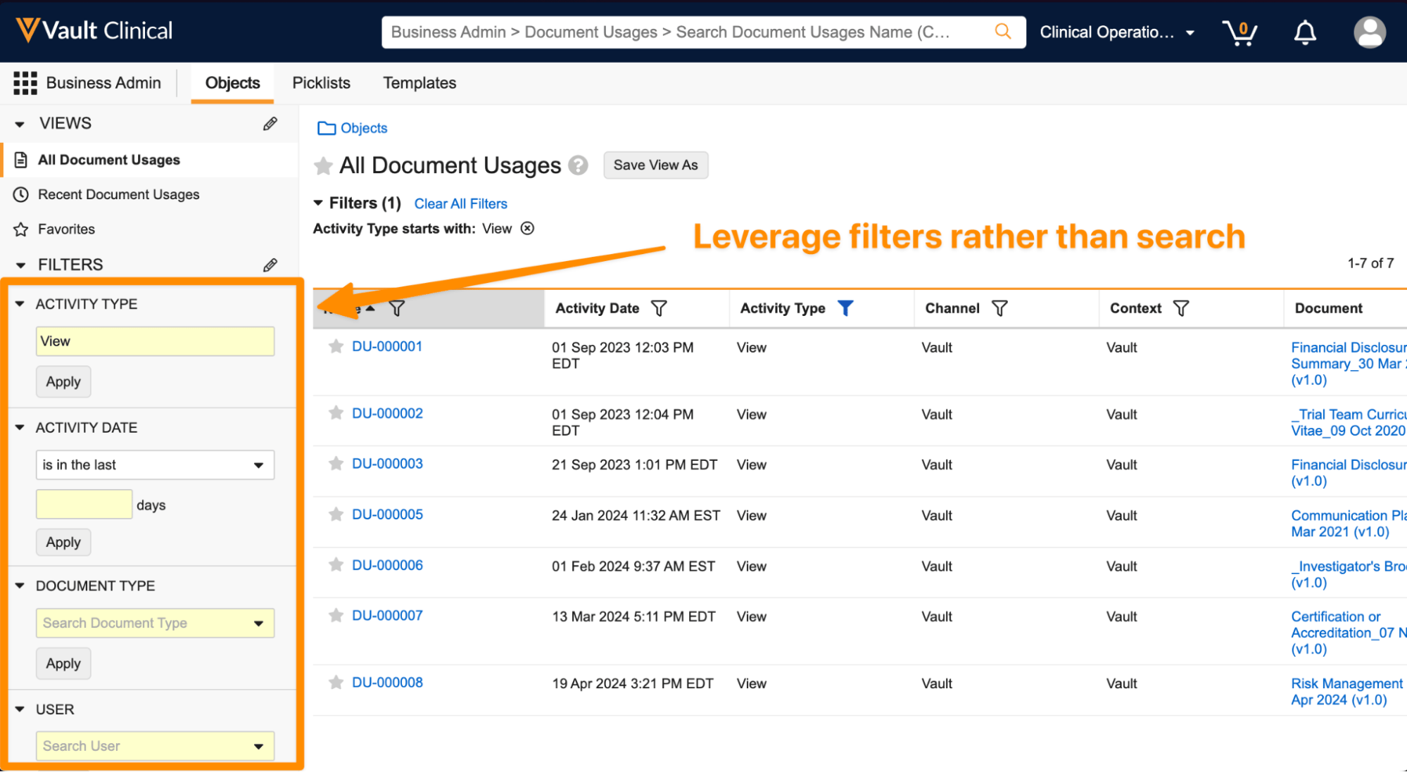 Veeva Vault Clinical Document Usage History and Filters interface screenshot