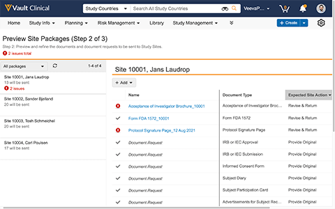 Veeva Site Connect Site Package Preview interface screenshot