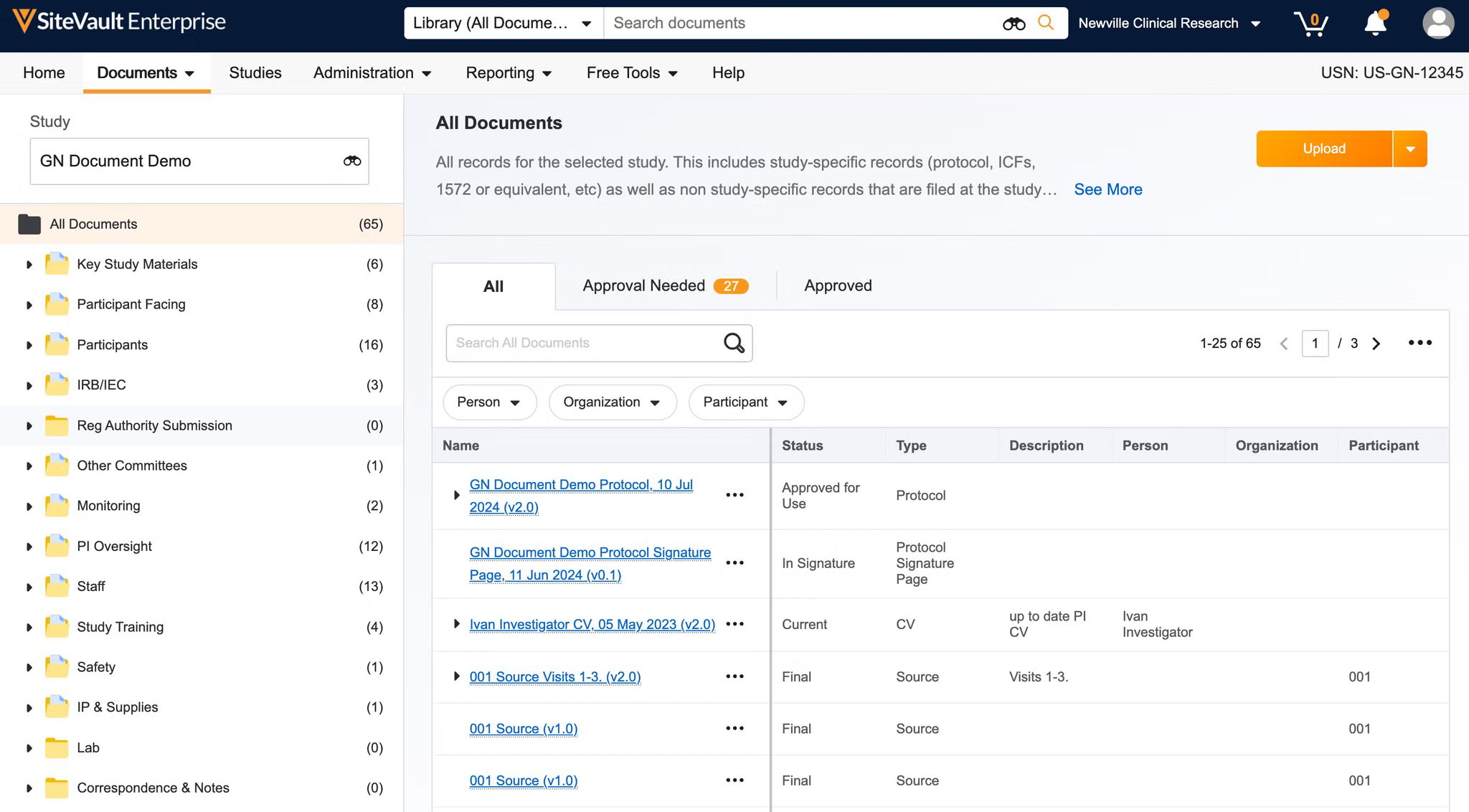 Veeva Site Connect SiteVault Document Library interface screenshot