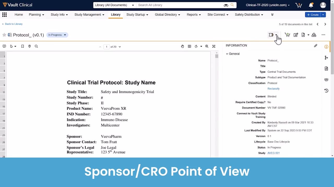 Veeva Site Connect Sponsor Document Detail interface screenshot