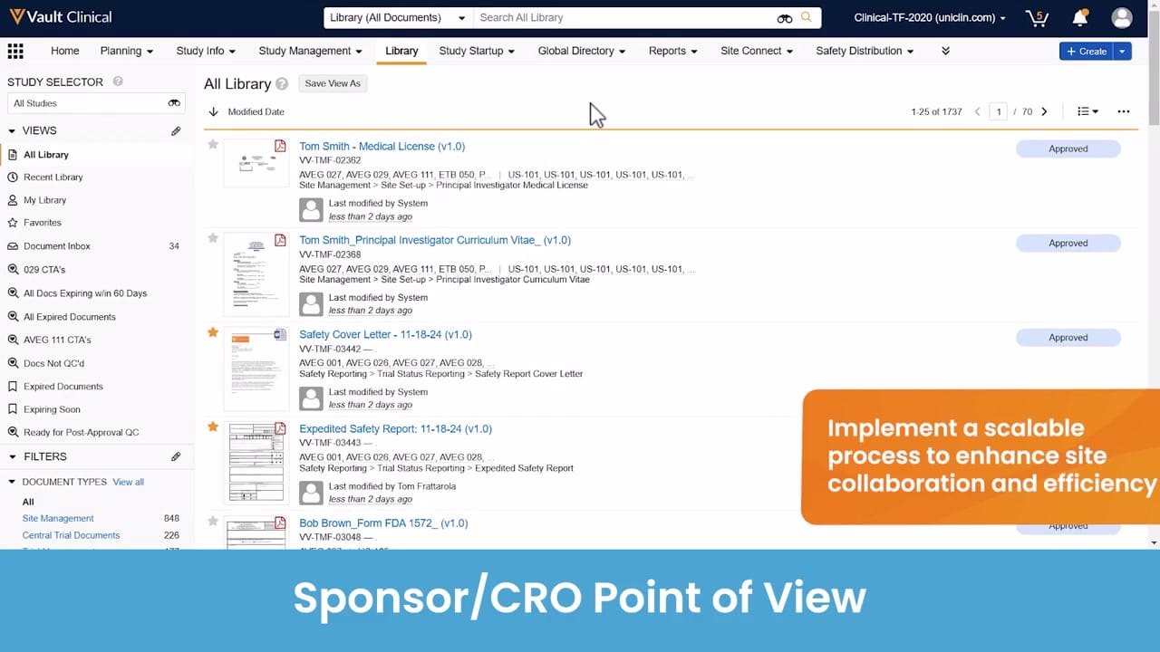 Veeva Site Connect Sponsor Document Request interface screenshot