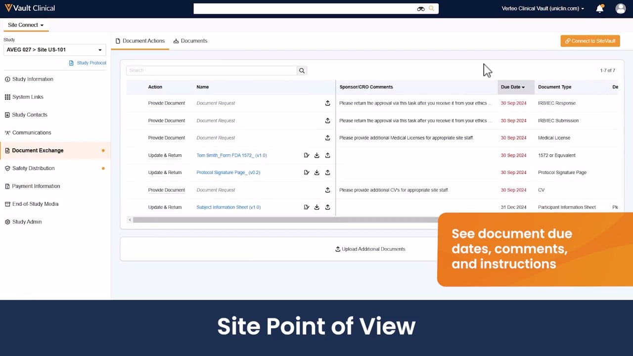Veeva Site Connect Site Document Metadata interface screenshot