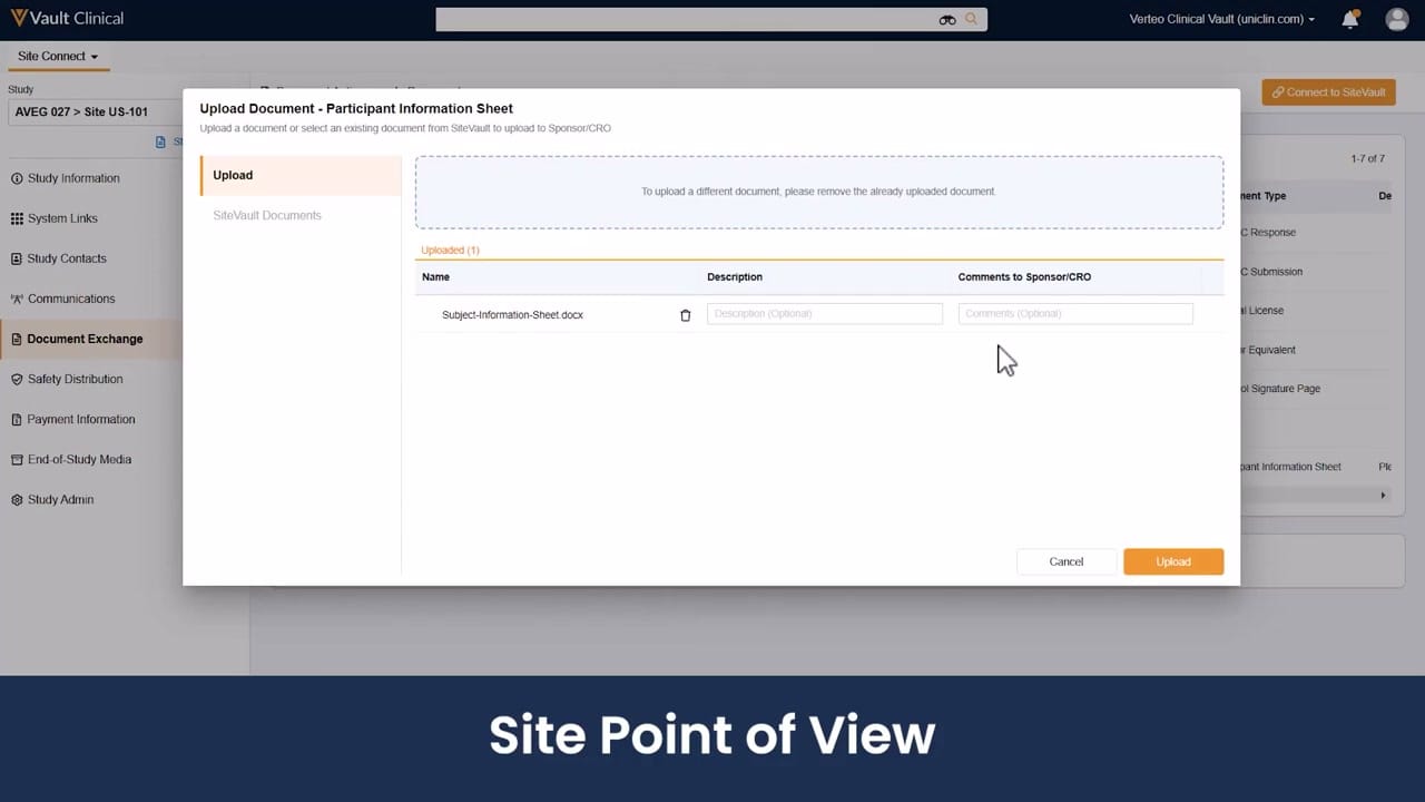 Veeva Site Connect Site Request Response interface screenshot