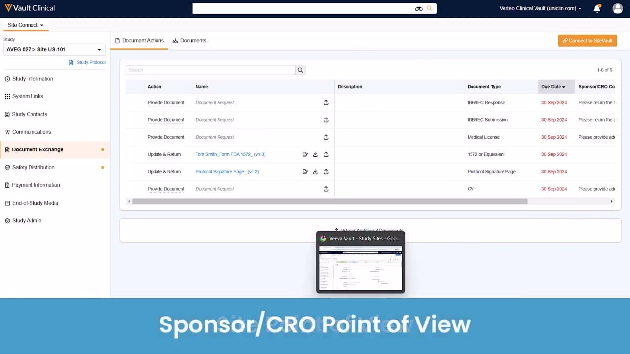Veeva Site Connect Sponsor Document Tracking interface screenshot