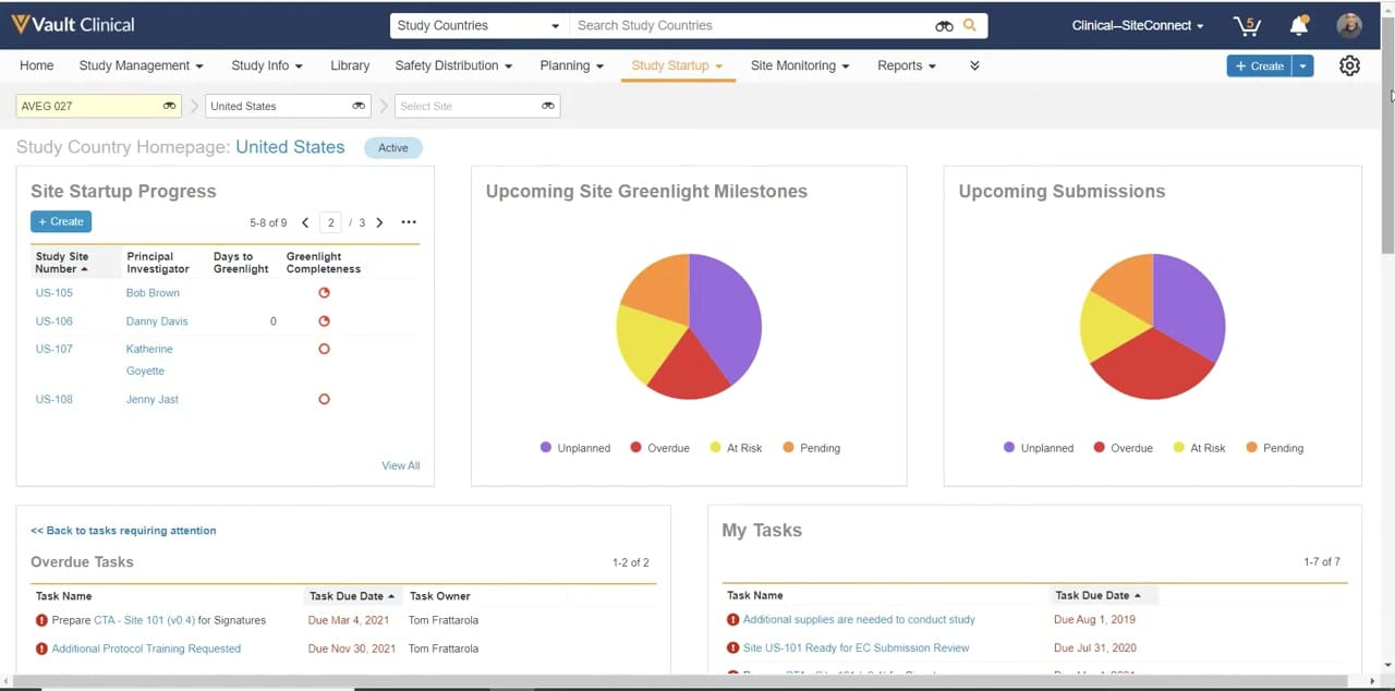 Veeva Vault Study Startup Startup Homepage interface screenshot