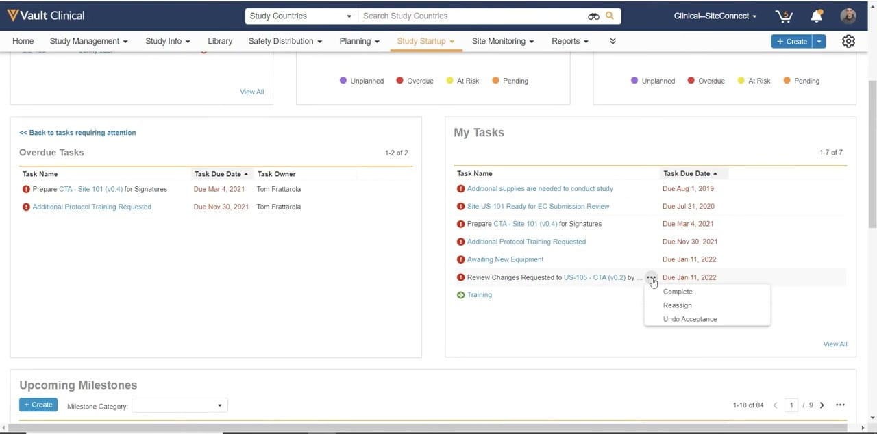 Veeva Vault Study Startup Task Actions interface screenshot