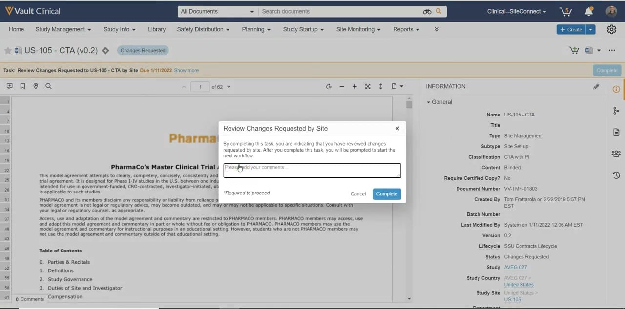 Veeva Vault Study Startup Contract Review and Reassignment interface screenshot