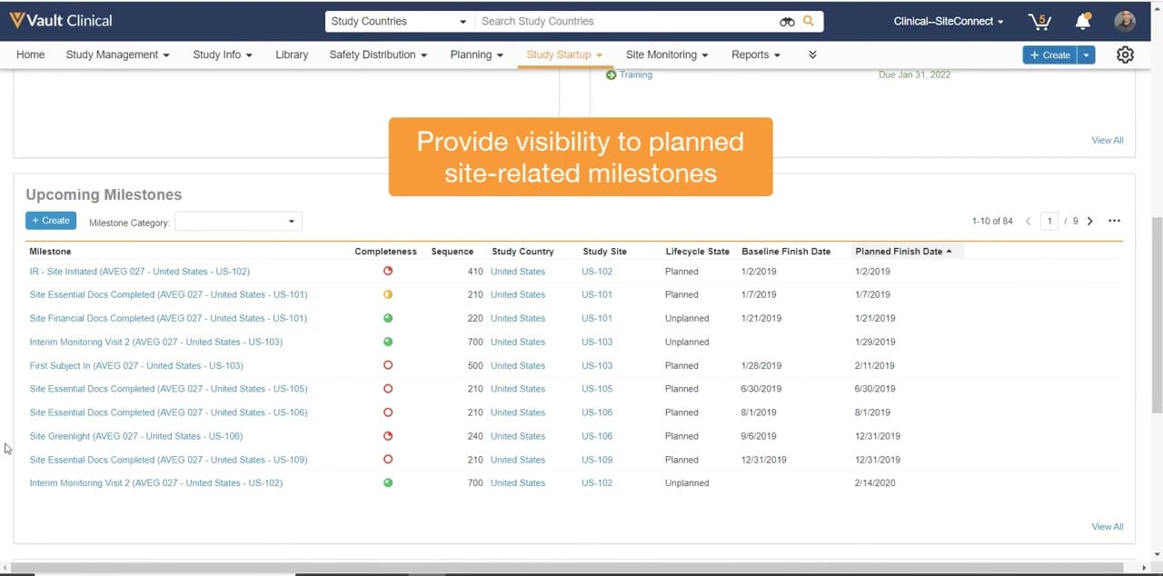 Veeva Vault Study Startup Upcoming Milestones interface screenshot