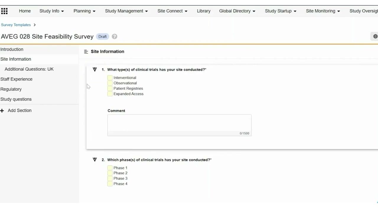 Veeva Vault Study Startup Site Feasibility Survey interface screenshot