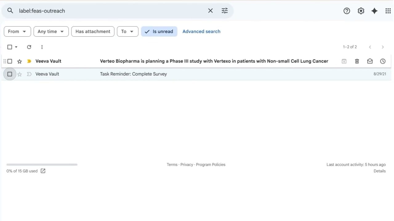 Veeva Vault Study Startup Survey Task interface screenshot