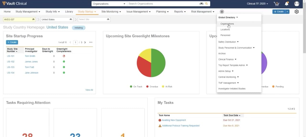 Veeva Vault Study Startup Study Selection interface screenshot