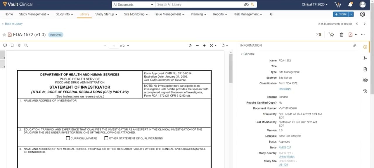 Veeva Vault Study Startup Startup Document Review interface screenshot