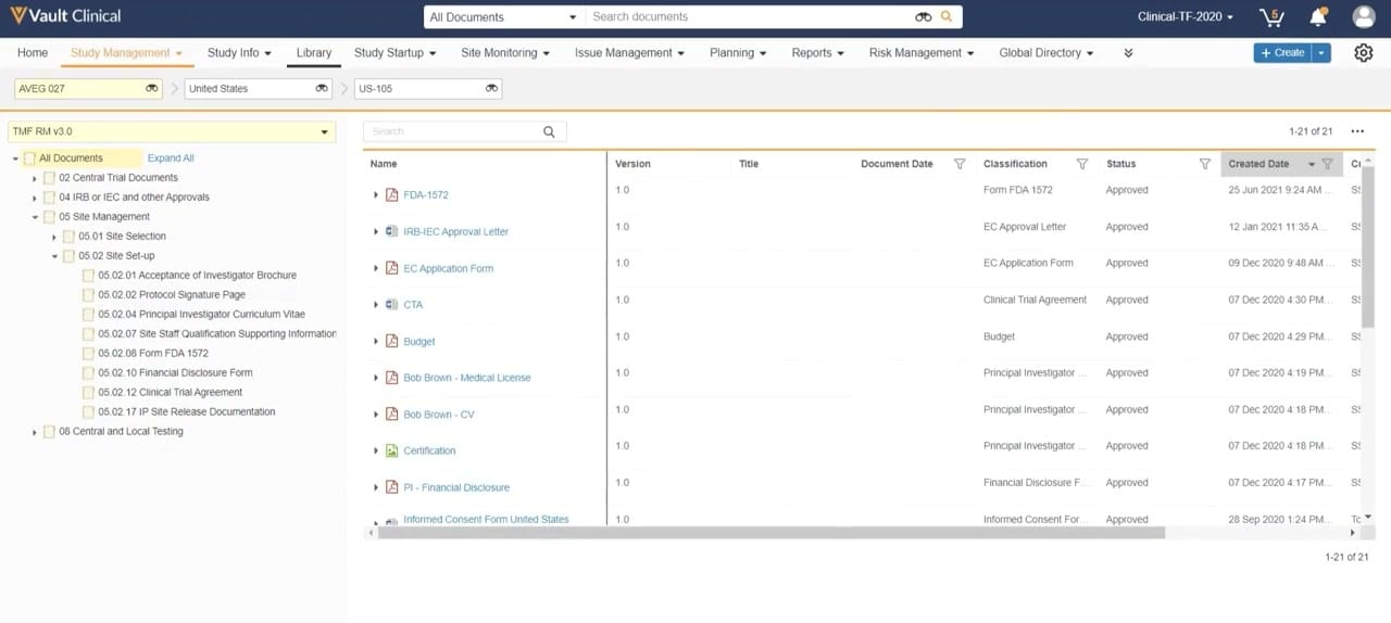 Veeva Vault Study Startup TMF Access from Study Startup interface screenshot