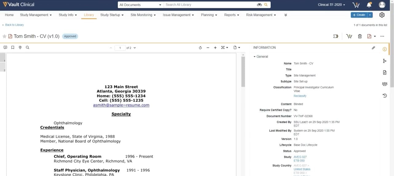 Veeva Vault Study Startup Document Details interface screenshot