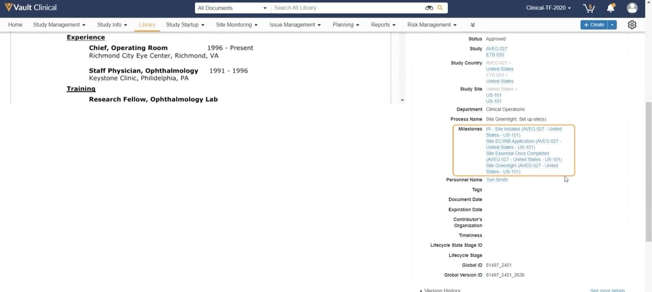 Veeva Vault Study Startup Document Actions interface screenshot