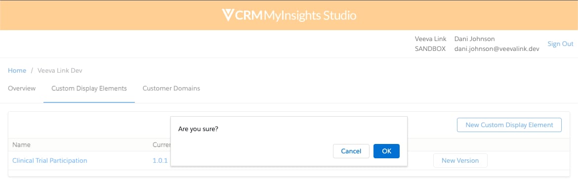 CRMMyInsights Studio: Custom Display Element Deletion Confirmation