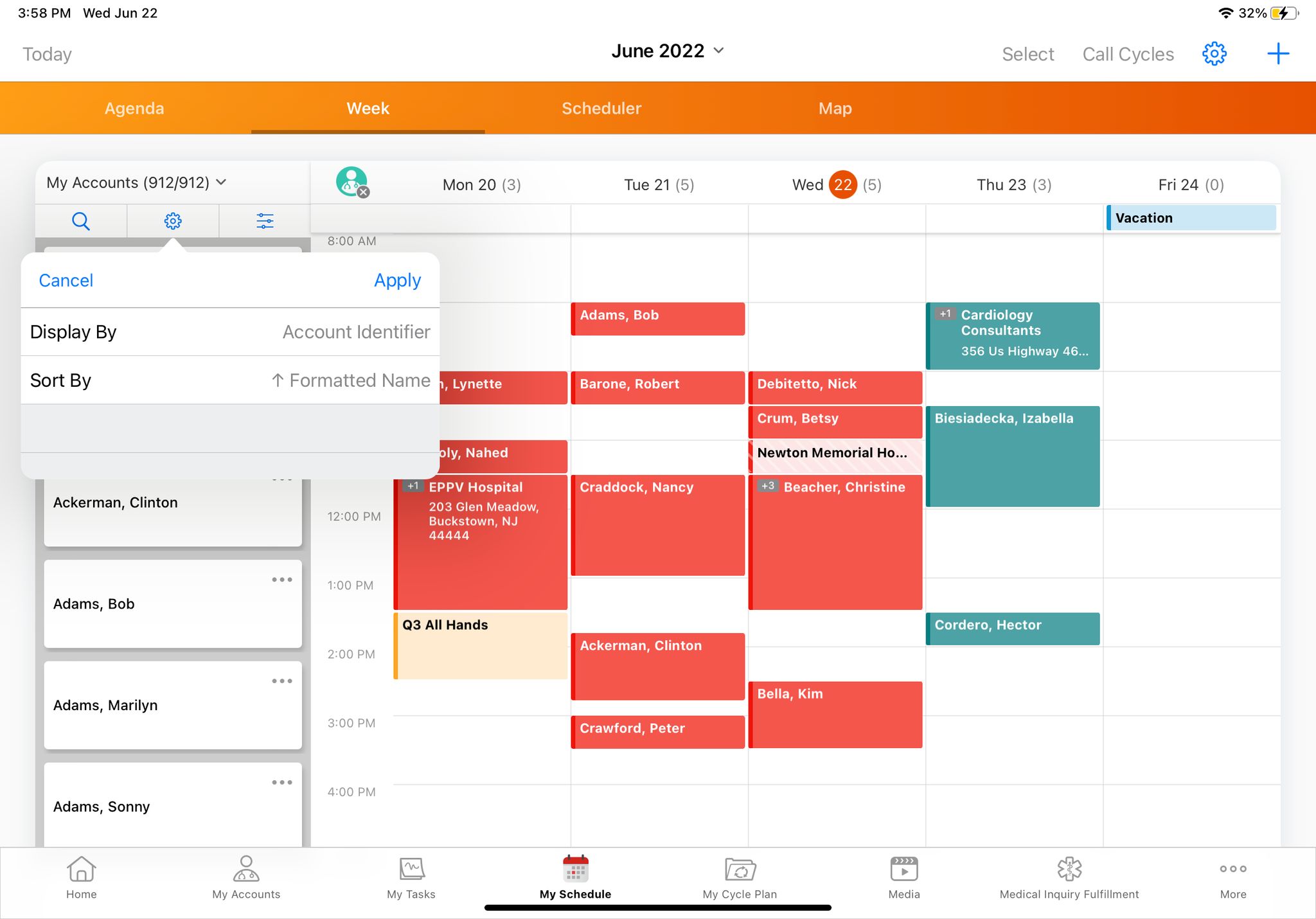 Weekly Schedule View with Account Filtering and Appointments